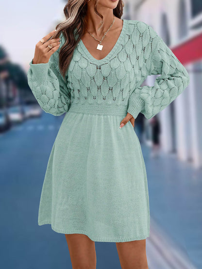 Women's Long Sleeve V Neck Knit Sweater Dress A-Line Mini