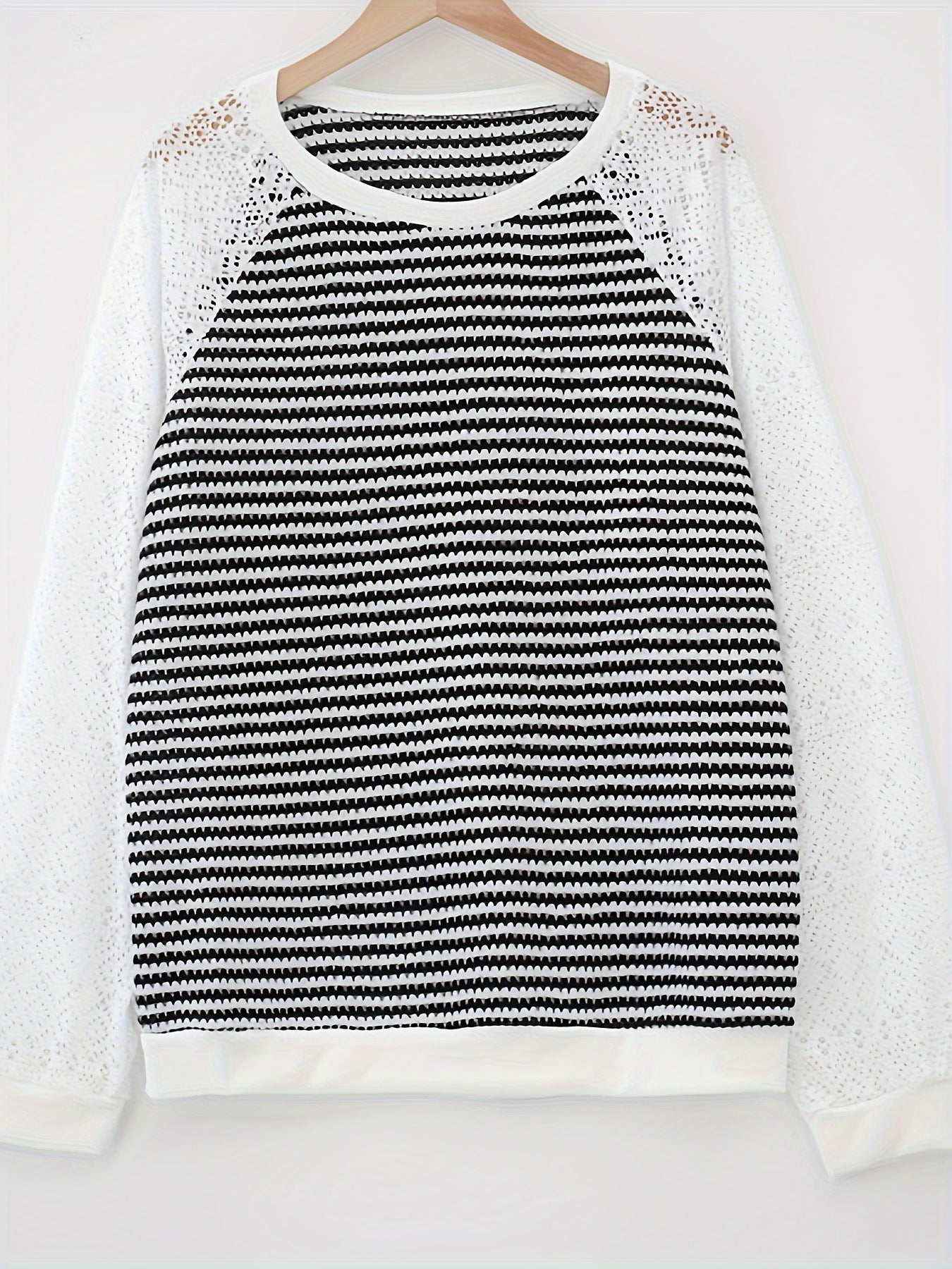 Lace Long Sleeve Crew Neck Hollow Out Knit Top