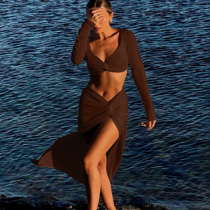 Sexy Off Shoulder Slit Maxi Skirt Two Piece Set