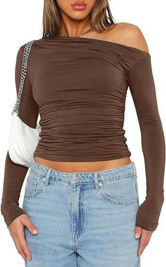 Sexy One Shoulder Ruched Long Sleeve Crop Top