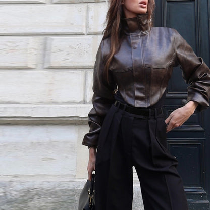 Womens Faux Leather Corset Jacket Cropped Moto Zip Up