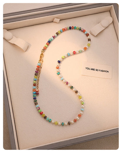 Dopamine Rainbow Beaded Pearl Necklace Colorful Layered Jewelry