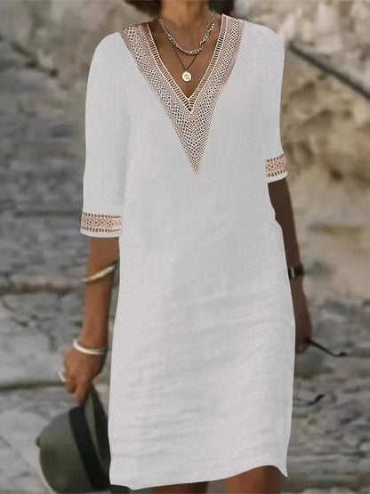 Women's Cotton Linen V-Neck Lace Trim Casual Midi Dress