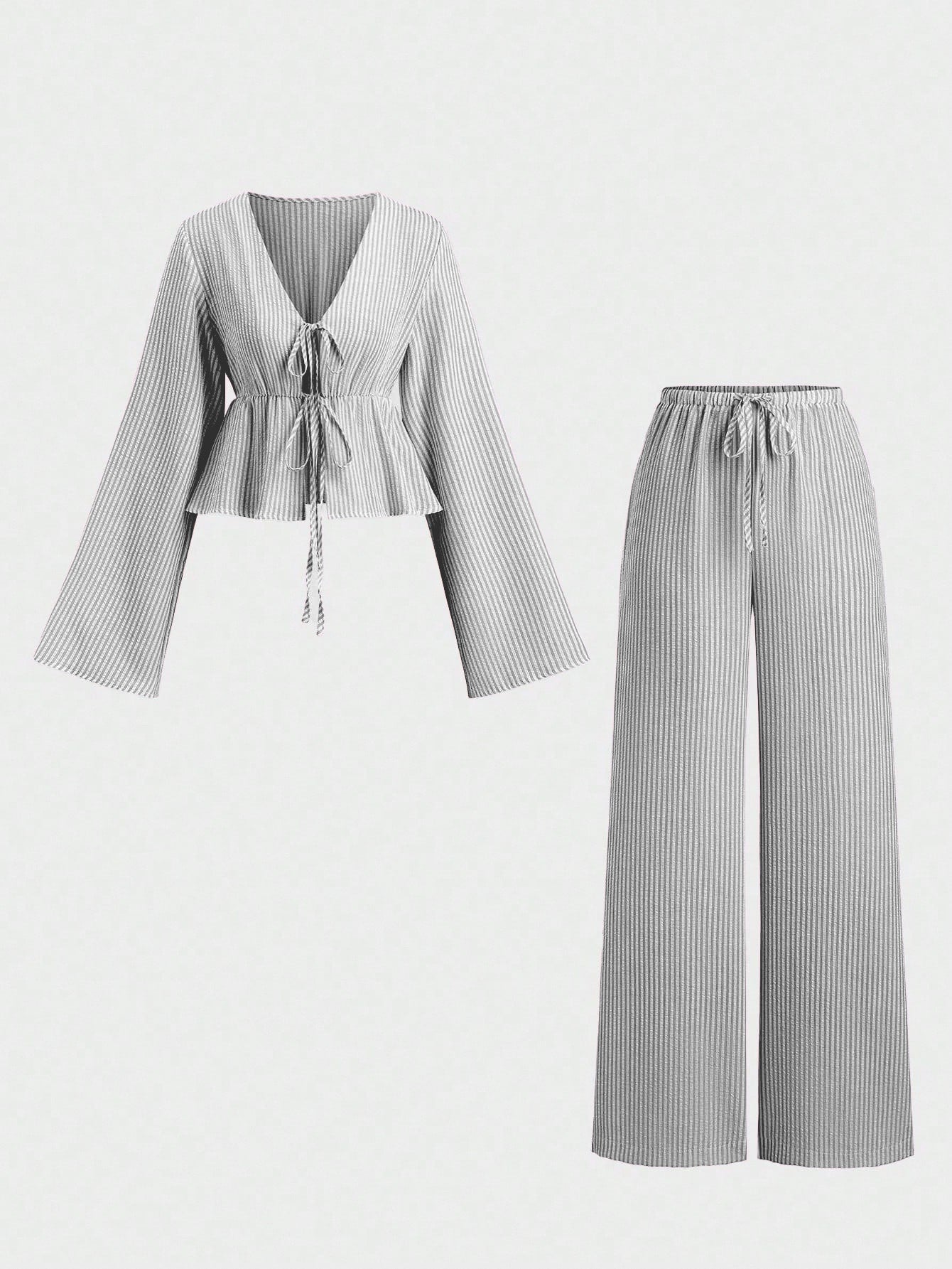 Striped Tie Front Top Wide Leg Pants Matching Set