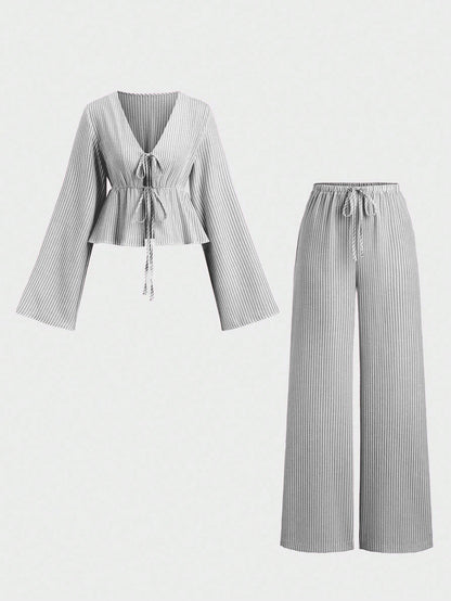 Striped Tie Front Top Wide Leg Pants Matching Set