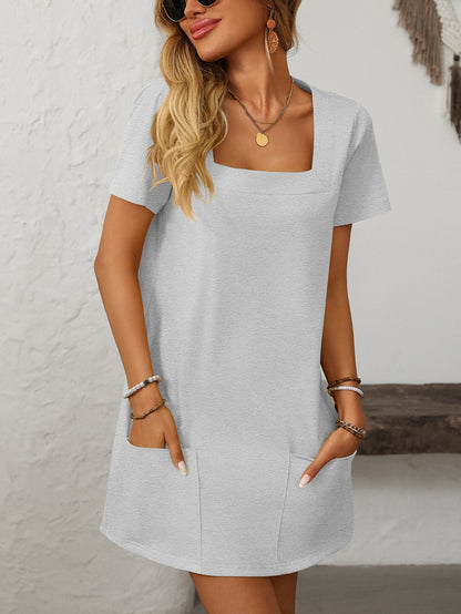 Square Collar Short-Sleeve Casual Pocket Dress