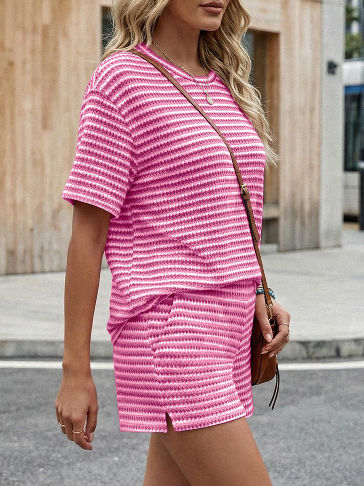 Textured Stripe Lounge Set Crew Neck Tee and Shorts Set