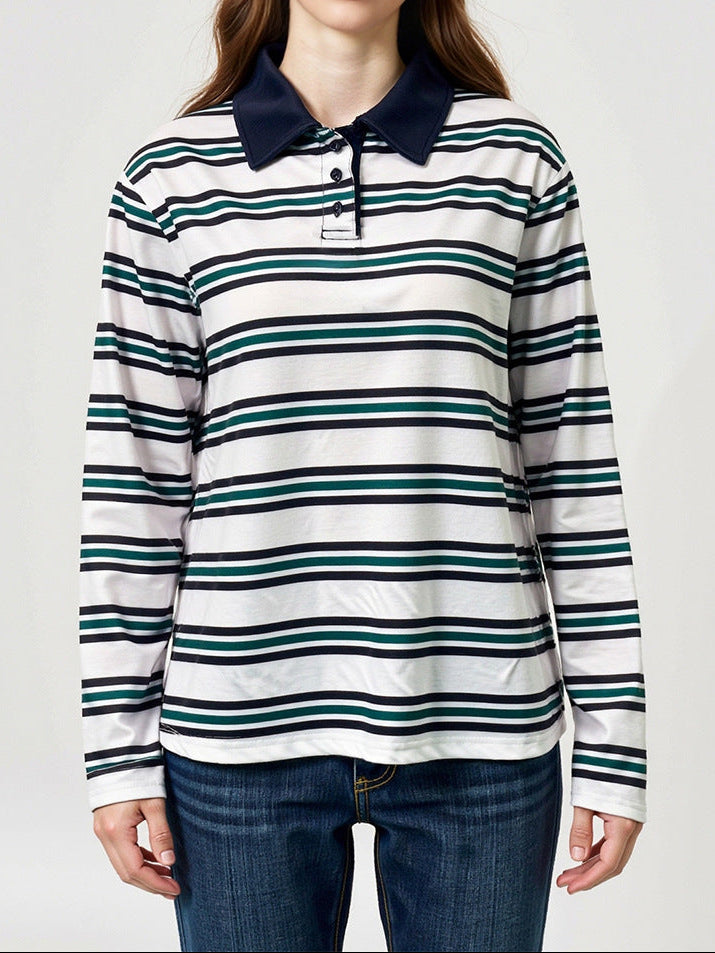 Women's Striped Polo Shirt Long Sleeve Button Collar Top