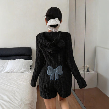 Women's Fuzzy Hooded Sherpa Romper with Bow Back