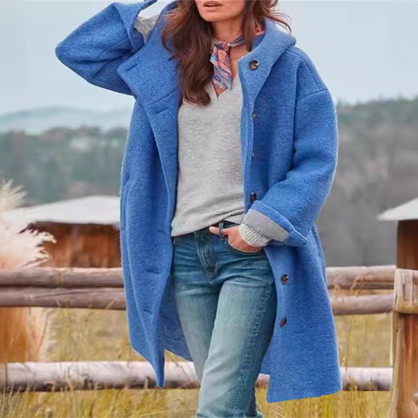 Hooded Wool Blend Coat Long Sleeve Casual Outerwear