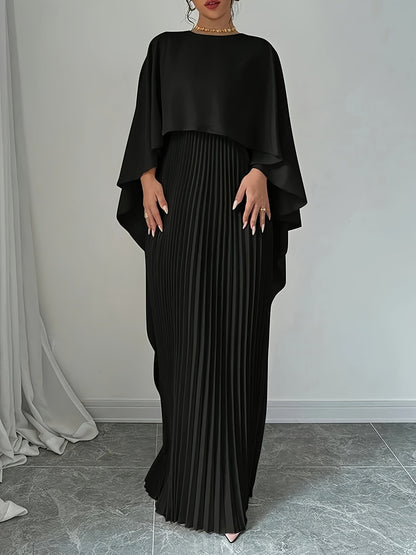 Women's Pleated Cape Sleeve Asymmetric Maxi Dress