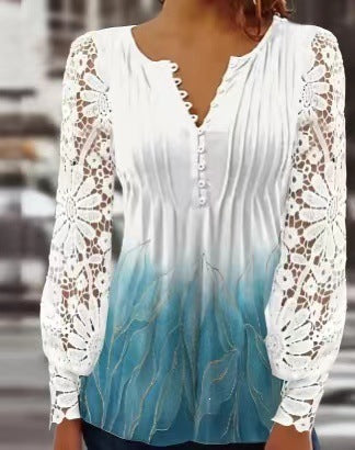 Women's Lace Sleeve Pleated V-Neck Blouse