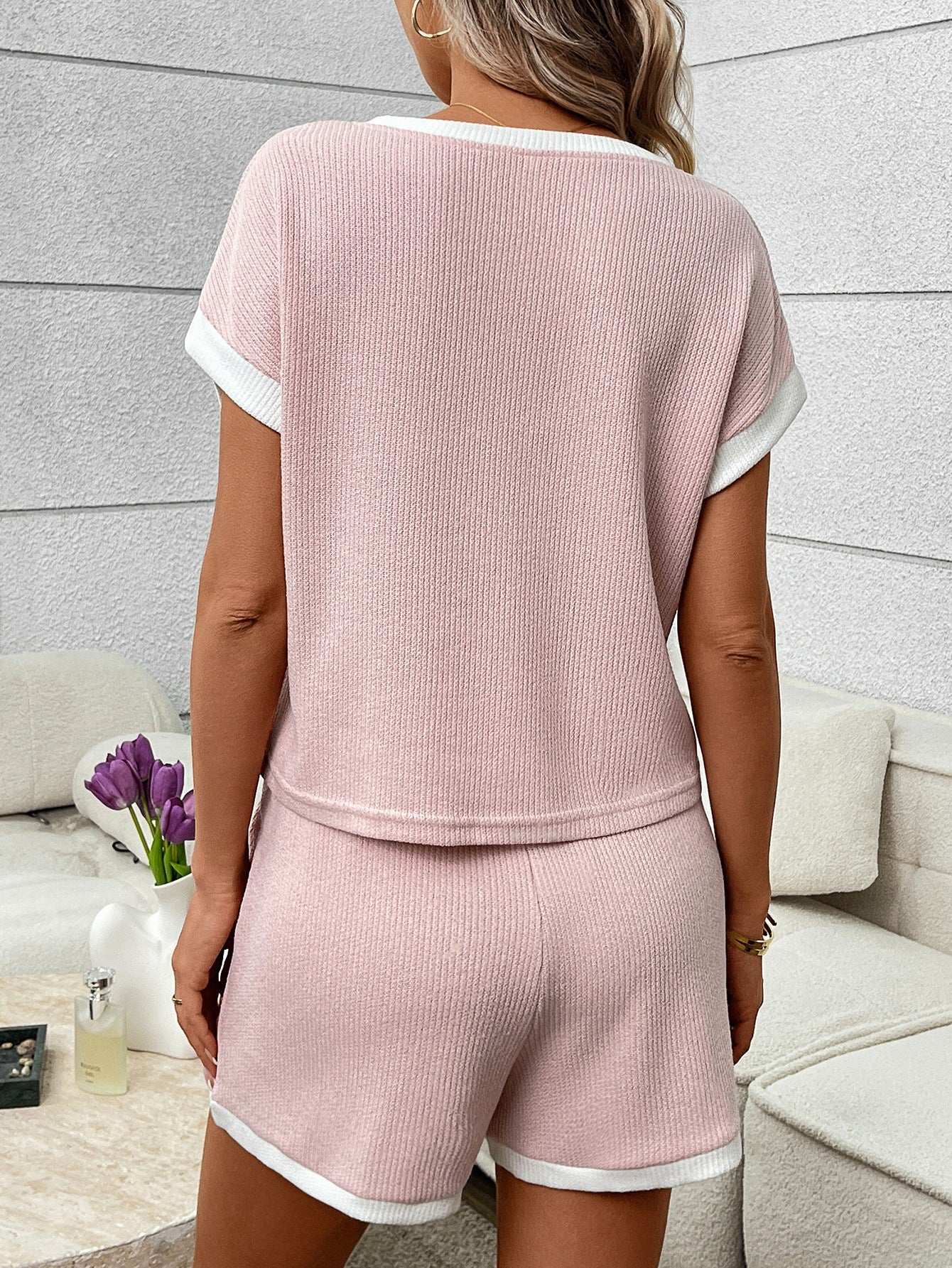 Green Ribbed Lounge Set Contrast Trim Tee Shorts Set