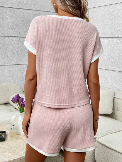 Green Ribbed Lounge Set Contrast Trim Tee Shorts Set
