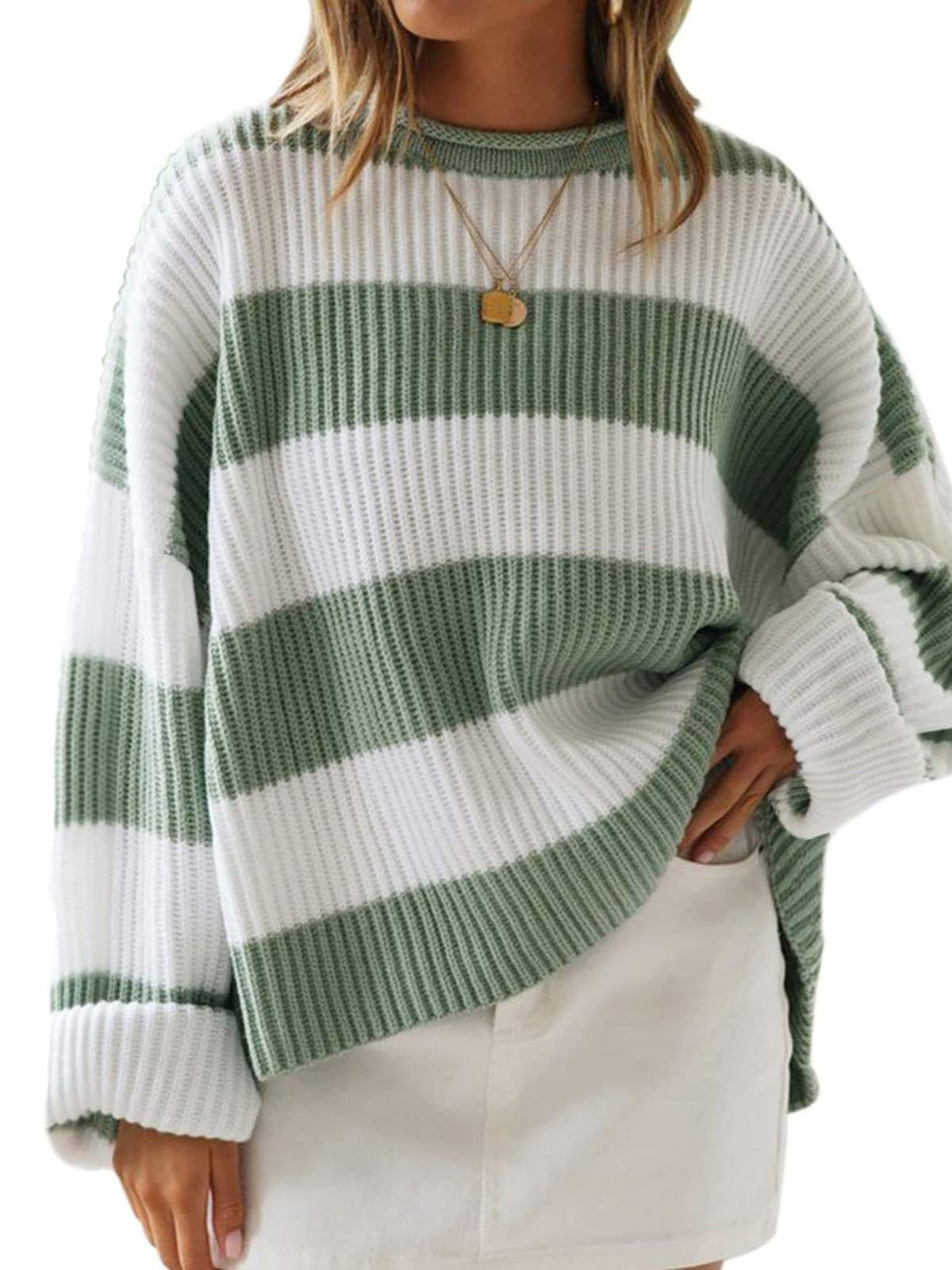 Women's Oversized Striped Crewneck Knit Sweater Pullover