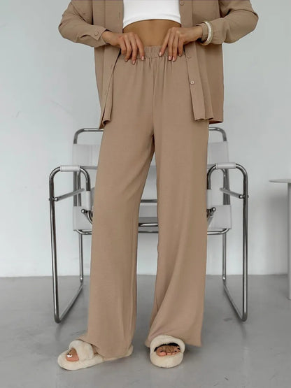 Two Piece Shirt Pants Set Wide Leg Casual Outfit