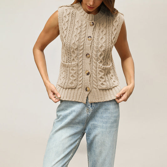 Cable Knit Sweater Vest Button Front Sleeveless Cardigan