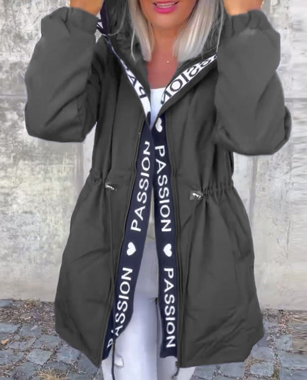 Women Hooded Long Puffer Jacket Letter Tape Drawstring Coat