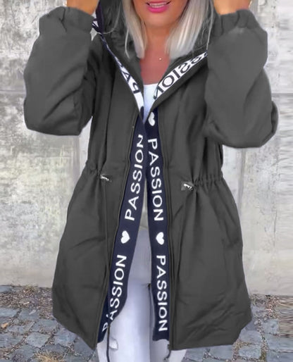 Women Hooded Long Puffer Jacket Letter Tape Drawstring Coat