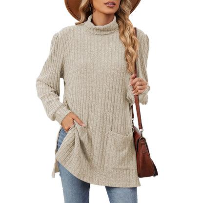 Women's Ribbed Mock Neck Long Sleeve Tunic with Pockets