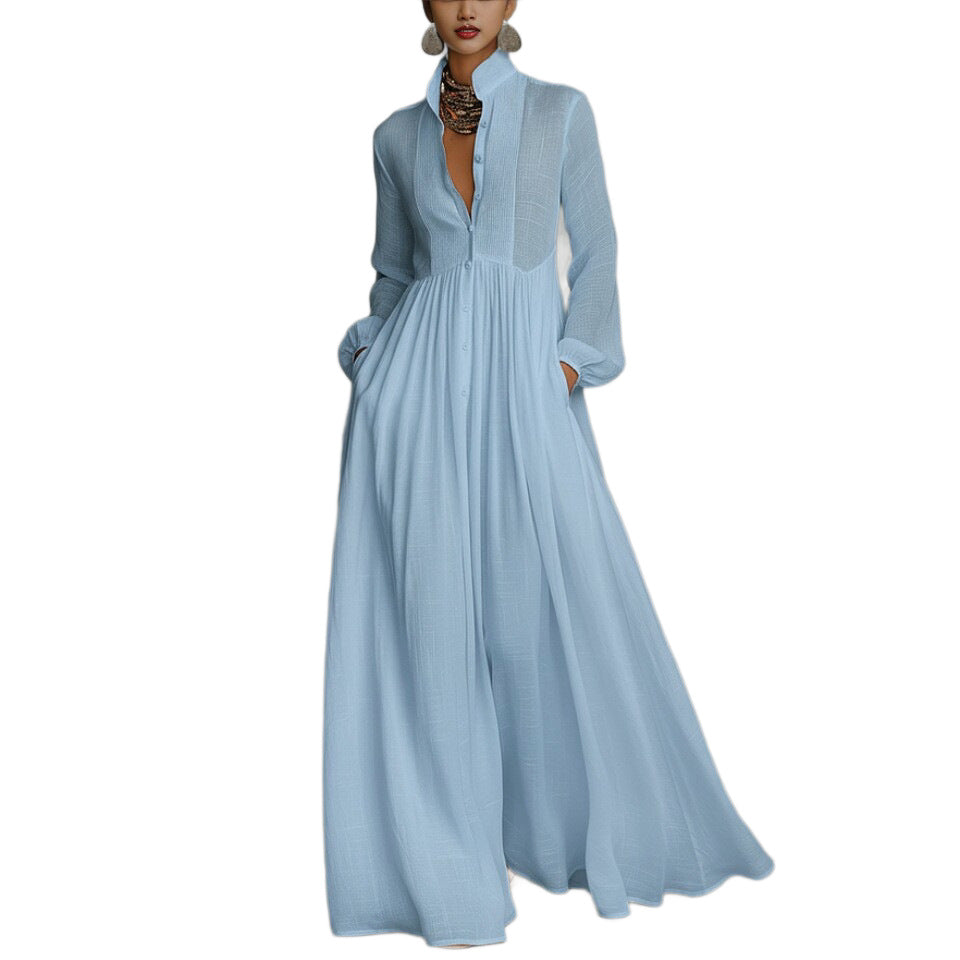 Elegant Vintage Maxi Dress Long Sleeve A-Line Button Down