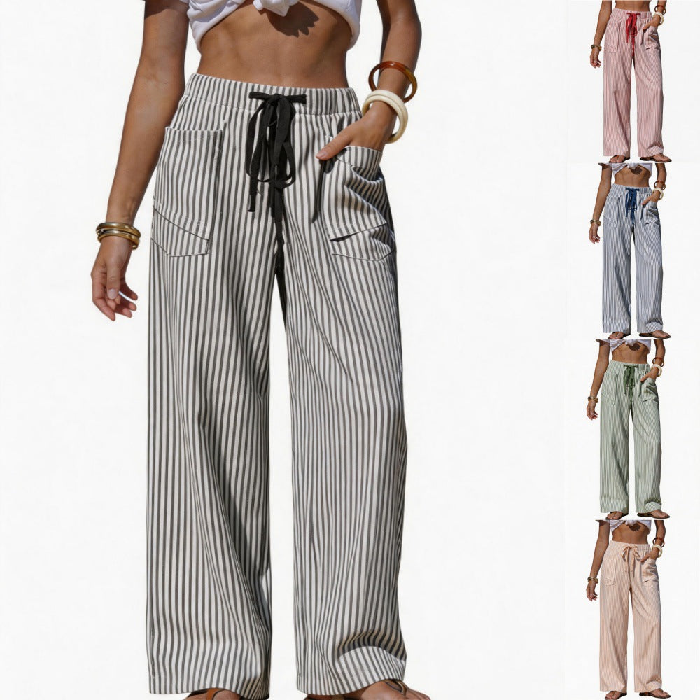 Women's Striped Linen Wide Leg Pants Drawstring Beach