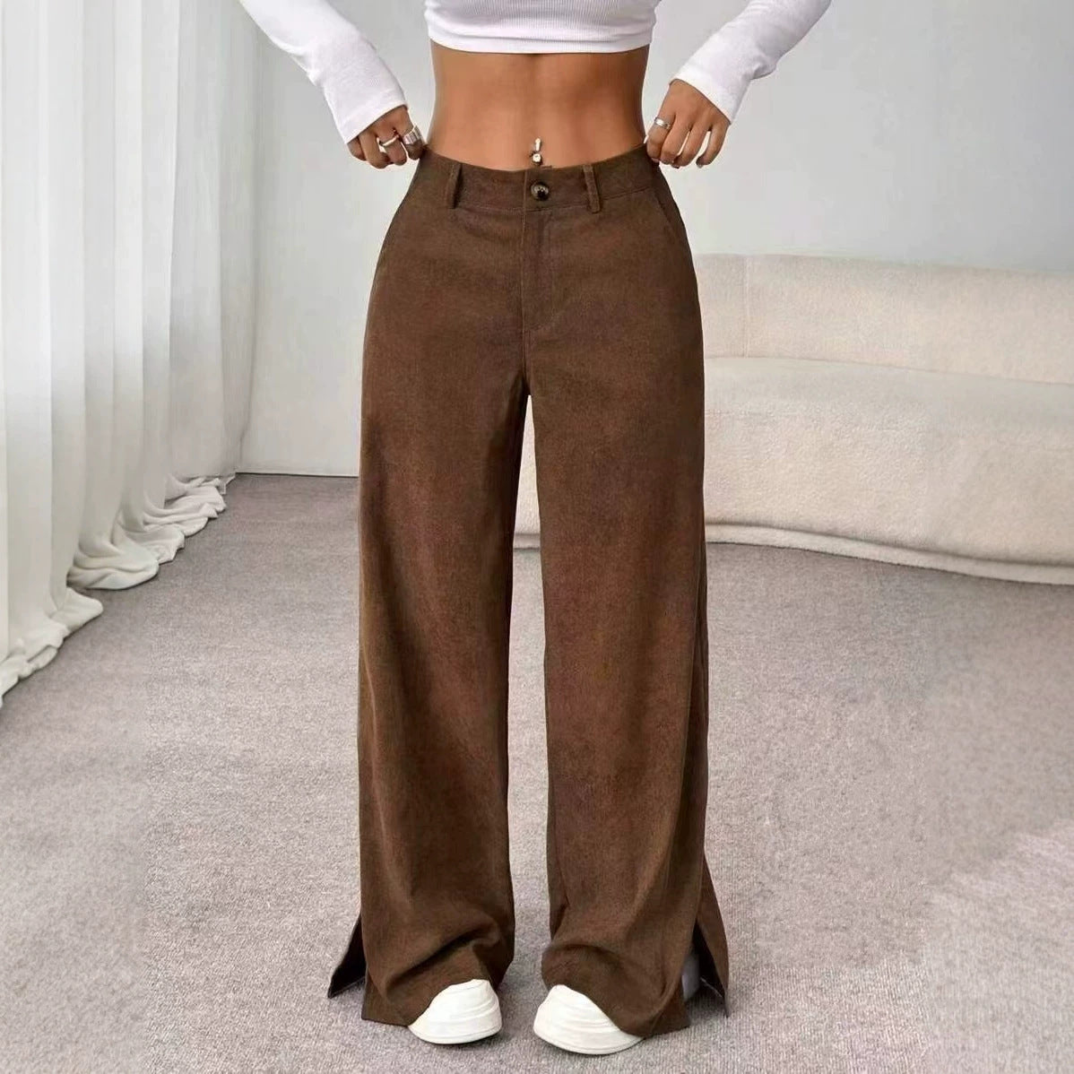 Women's Corduroy Wide Leg Pants Split Hem Casual Trousers