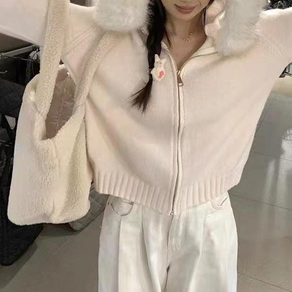 Women's Faux Fur Collar Hooded Zip-Up Cardigan Sweater