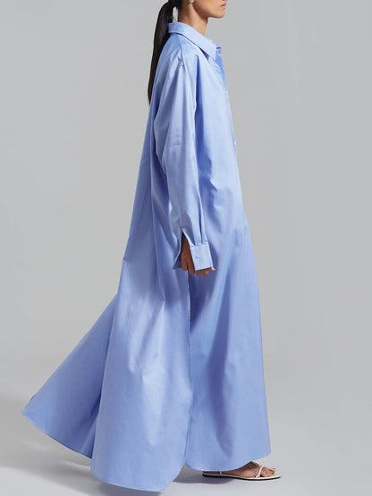 Cotton Maxi Shirt Dress Long Sleeve Collared Slit