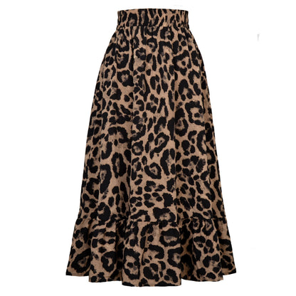 Leopard Print High Waist Flowy Tiered Midi Skirt