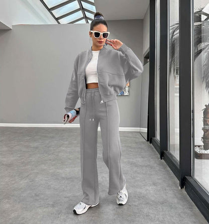 Women's Fleece Lined Zip Up Jacket Wide Leg Pants Set