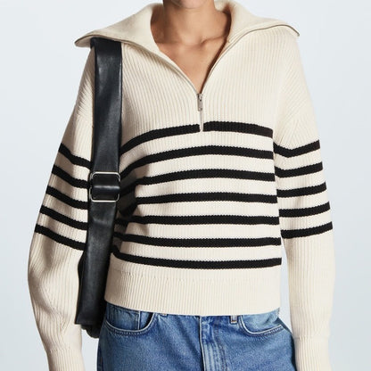 Women's Striped Half Zip Oversized Collared Sweater