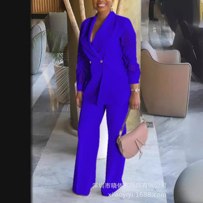 Women's Lace Sleeve Blazer & Pants Workwear Two Piece Set