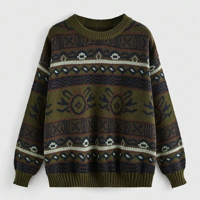 Women's Oversized Vintage Jacquard Crewneck Knit Sweater