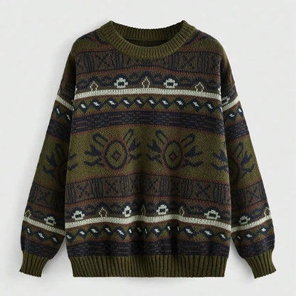 Women's Oversized Vintage Jacquard Crewneck Knit Sweater