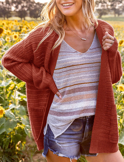 Women's Open Front Balloon Sleeve Cardigan with Pockets
