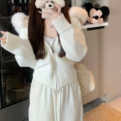Women's Faux Fur Collar Hooded Zip-Up Cardigan Sweater