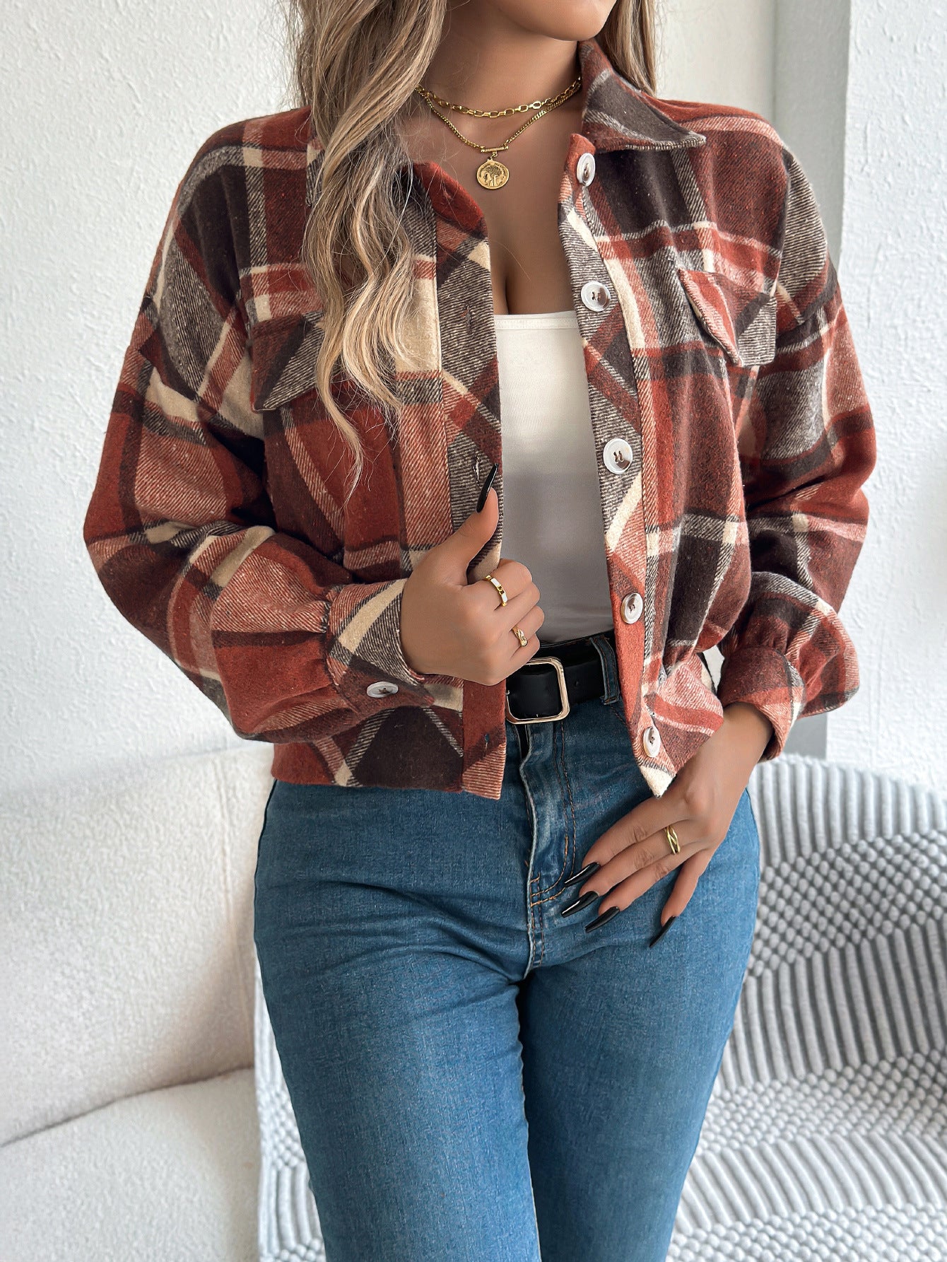 Plaid Button Front Long Sleeve Casual Jacket Coat