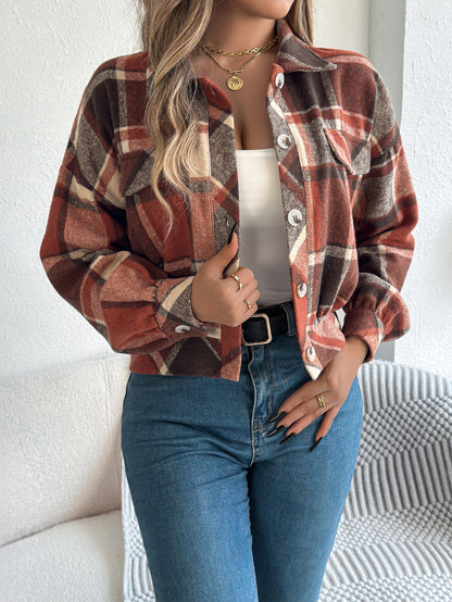 Plaid Button Front Long Sleeve Casual Jacket Coat