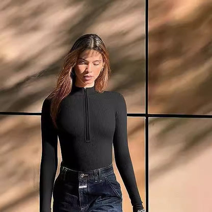 Sexy Long Sleeve Ribbed Zip Front Mock Neck Bodysuit