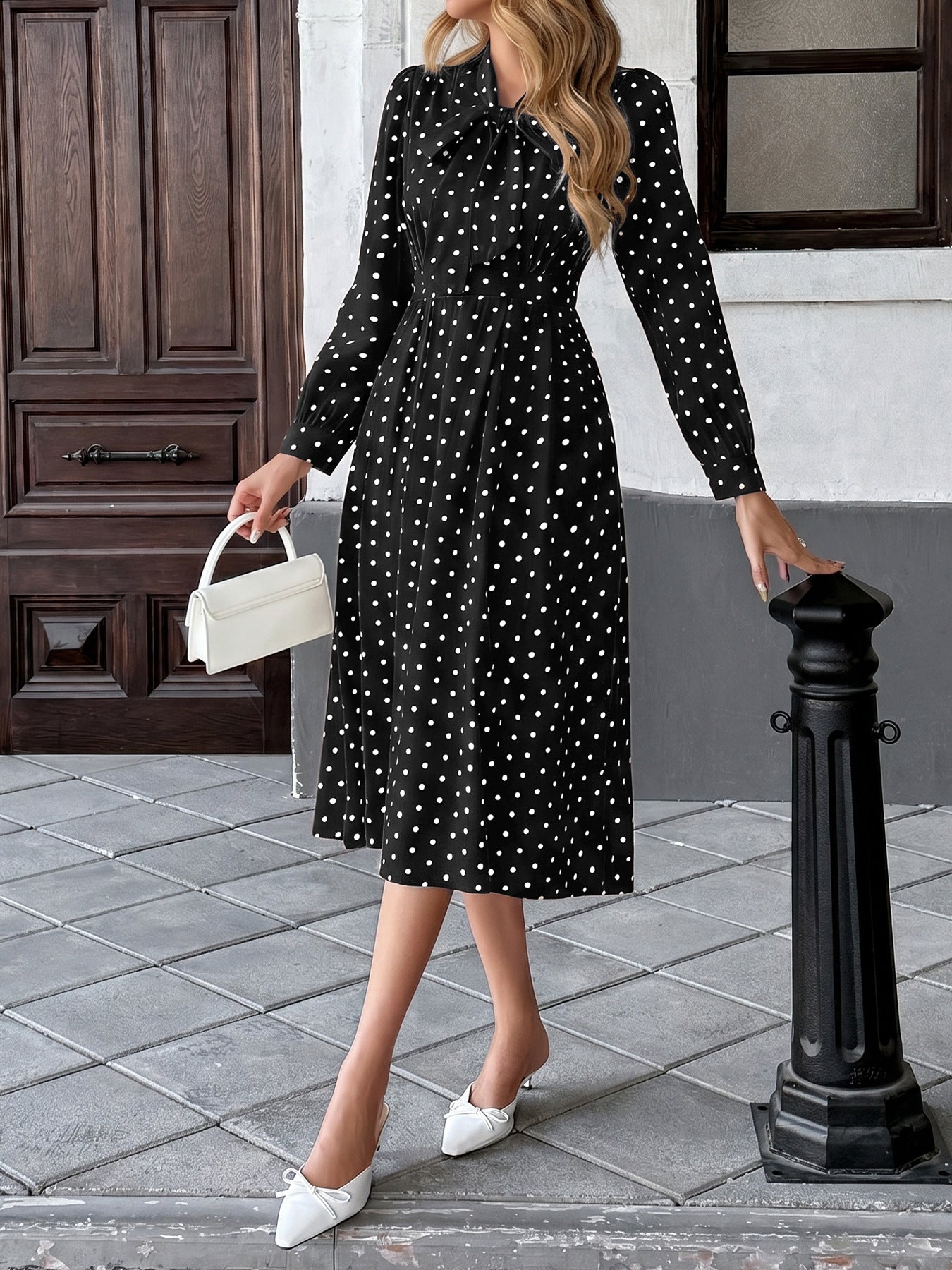 Polka Dot Bow Tie Long Sleeve A-Line Midi Dress