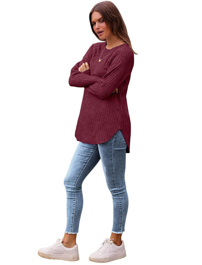 Solid ribbed crew neck top high low curved hem