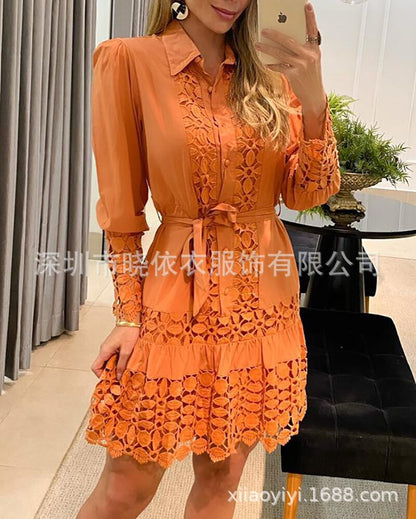 Women's Lace Long Sleeve Collared Shirt Dress