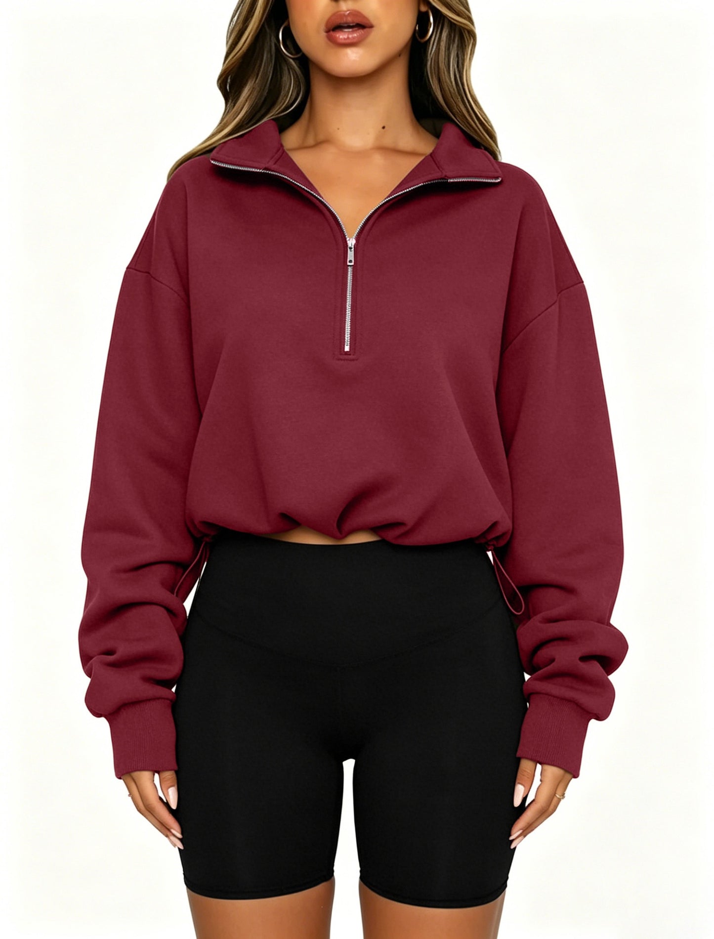 Black Half-Zip Drawstring Pullover Sweatshirt Y2K Streetwear