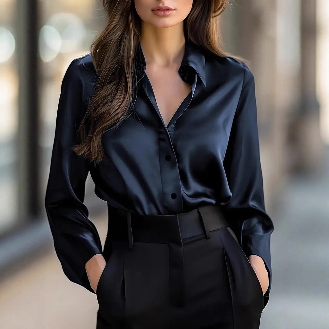 Women's Satin Long Sleeve Button Up V-Neck Blouse