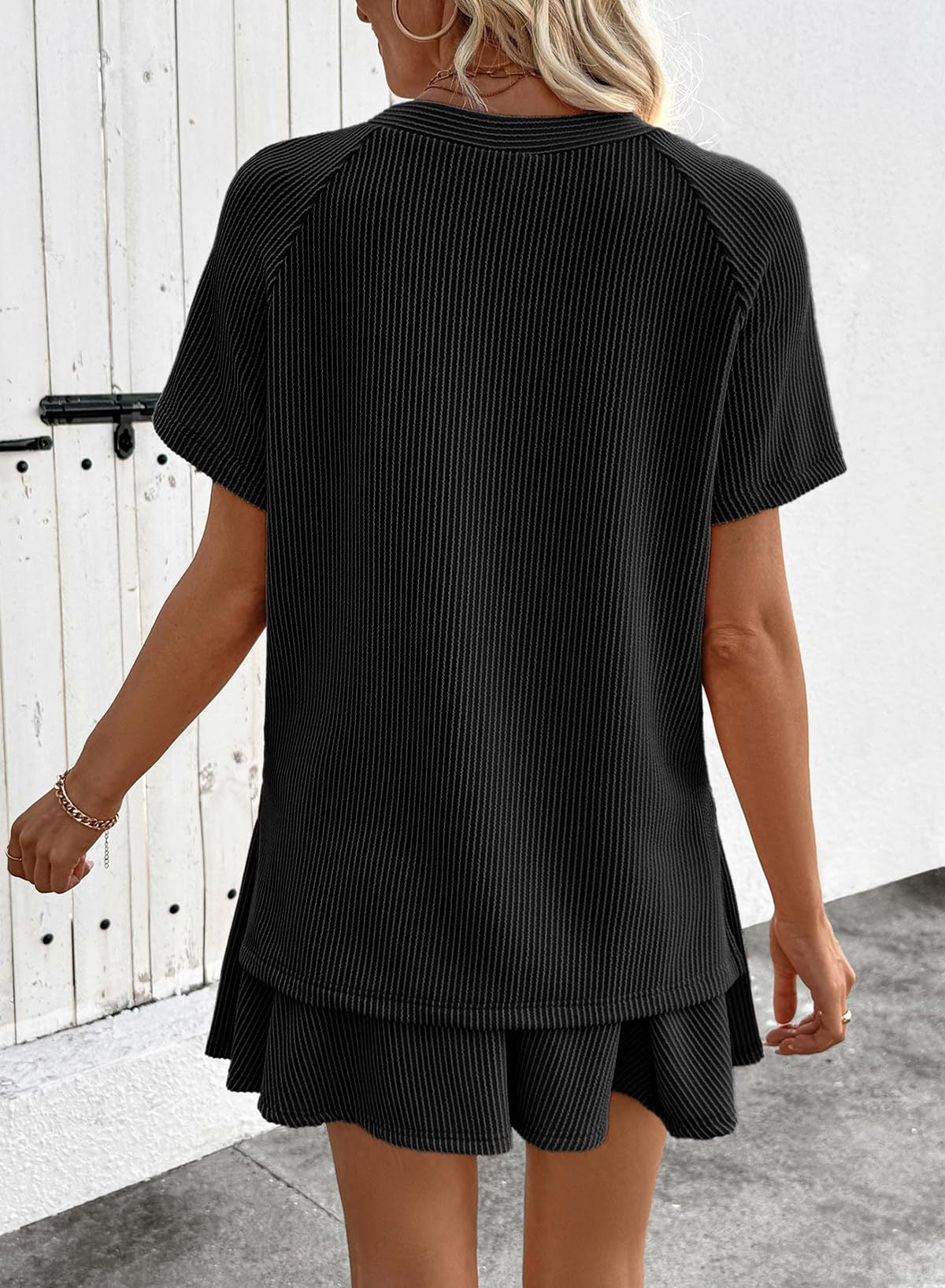 Ribbed Knit Skort Set Short Sleeve Top 2 Piece Outfit