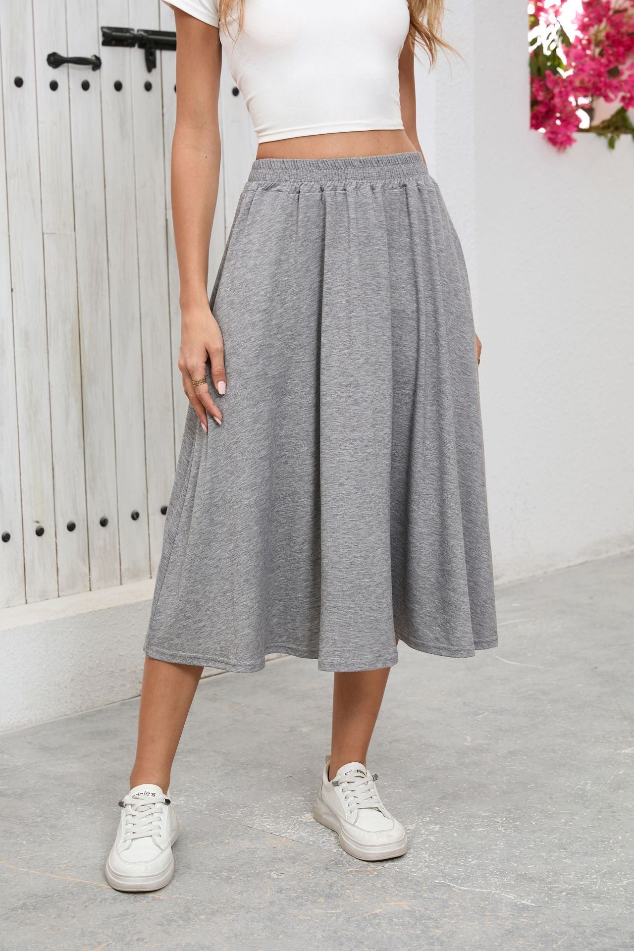 Solid Knit Midi Skirt High Waist A Line Elastic Work