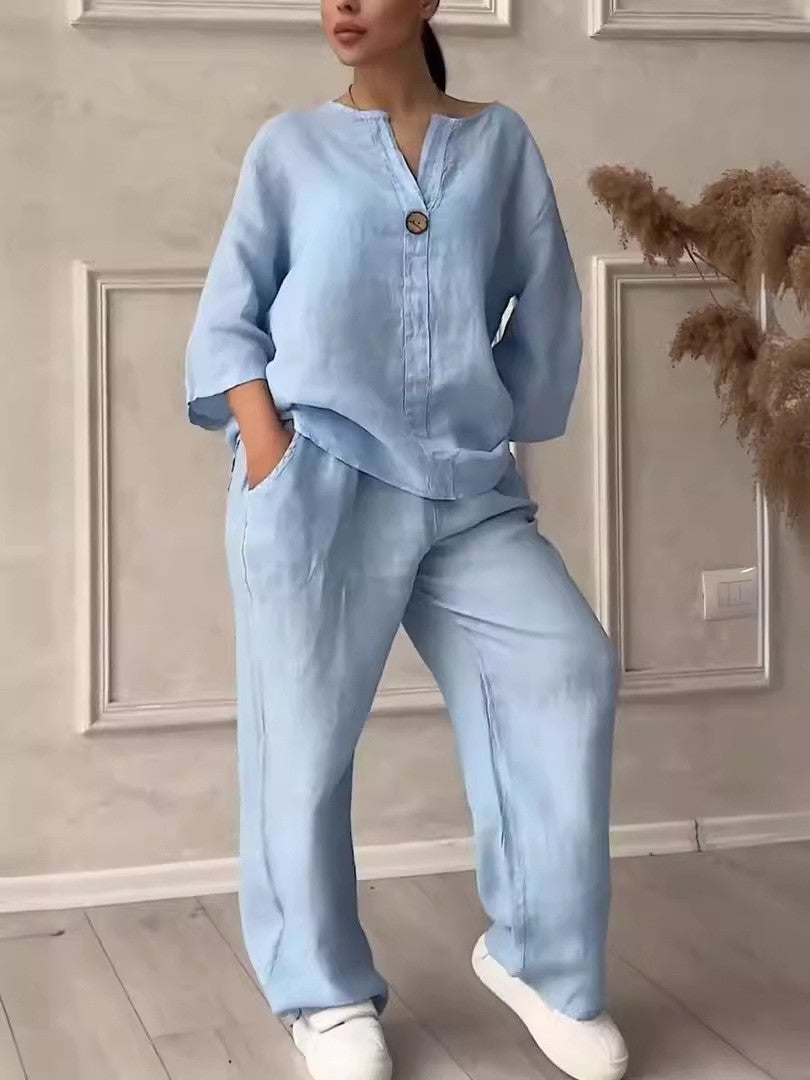 Womens Linen Two Piece Set Button Top Wide Leg Pants