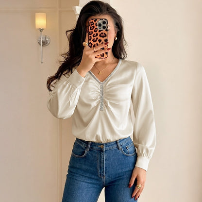 Satin Ruched V Neck Bodysuit Long Sleeve Rhinestone Trim
