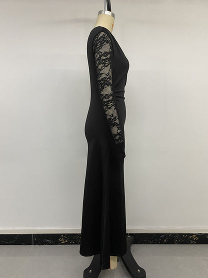 Sexy Black Lace One Shoulder Long Sleeve Maxi Dress